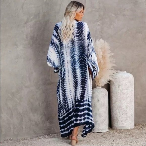 Boho Blue Tie Dye Kimono Duster Coverup - Picture 3 of 13
